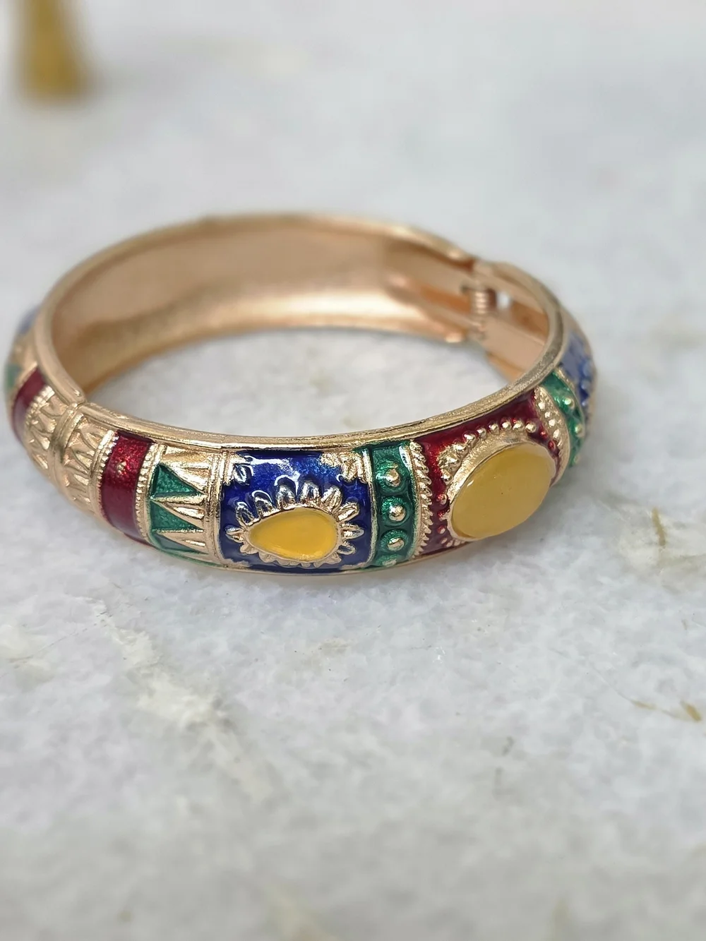 Jiu Long Xing Vintage Multicolor Enamel Cloisonne Hinged Bangle Bracelet Gold Bo